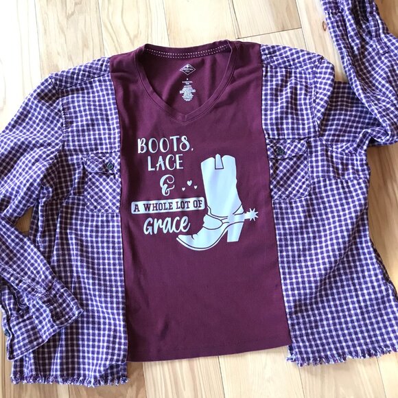 Upcycled Tee, Flannel Sleeves, Size M-L: Reworked Cowgirl Boot Graphic Shirt - Picture 6 of 10